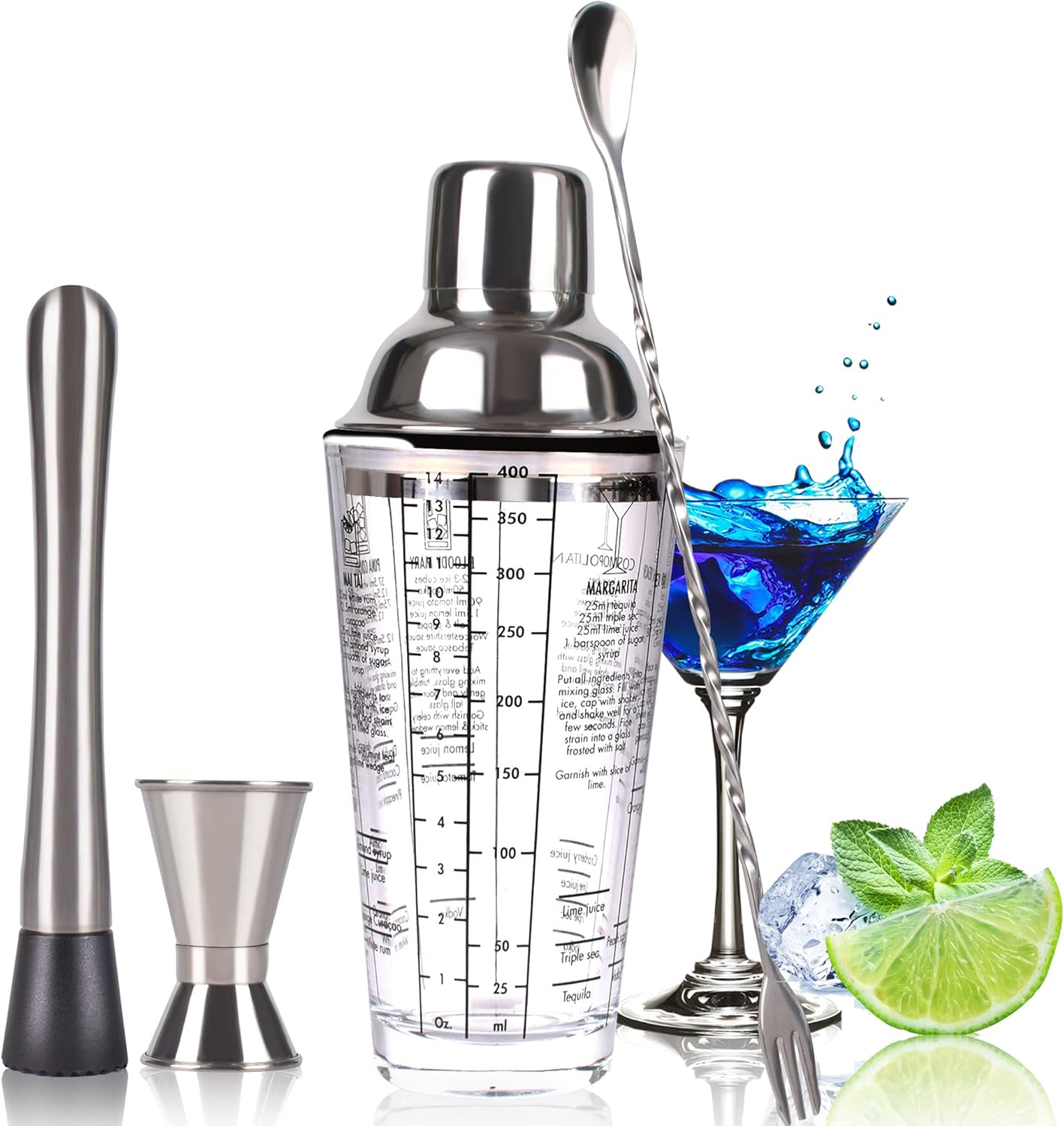 Muddler Cocktail Bar - Cocktail Shaker Set,14 oz Glass Mixing